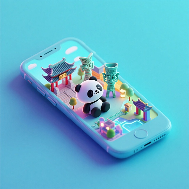 一个手机创意微缩场景，手机平放，侧面对着观众，手机俯视角度，立体的成都景观从屏幕内出来，有熊猫，三星堆，武侯祠，整体色调立体魔幻。青色背景。具有梦幻感,打光营造出柔和氛围强调梦幻和未来感的美学。