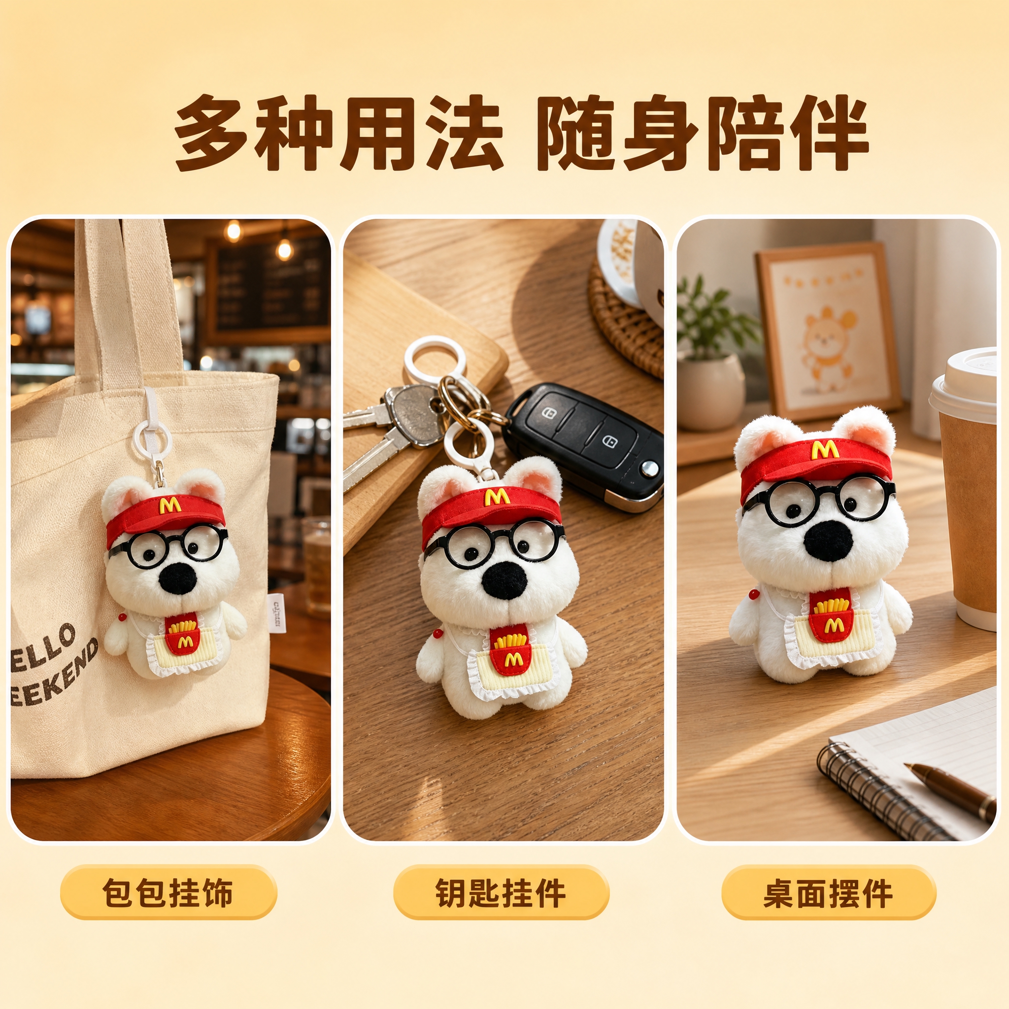 淘宝天猫主图，1:1比例，2K高清。麦当劳西高地玩偶挂件多场景… - 图片创意预览