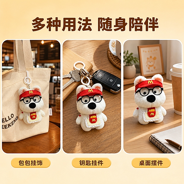 淘宝天猫主图，1:1比例，2K高清。麦当劳西高地玩偶挂件多场景展示图。画面采用3宫格布局，横向排列三个圆角场景框：左图是挂件挂在女生帆布包上的场景，包包放在咖啡馆桌面，暖光氛围，下方标注"包包挂饰"；中图是挂件挂在车钥匙上的场景，放在木质桌面上，温馨自然光，下方标注"钥匙挂件"；右图是玩偶摆在办公桌的场景，旁边有笔记本和咖啡杯，治愈陪伴感，下方标注"桌面摆件"。三格之间有柔和的白色间隔。画面顶部有主标题文字"多种用法 随身陪伴"，暖棕色粗体大字居中。背景是暖米色到浅橘色的柔和渐变背景。整体风格治愈可爱、生活质感、暖调氛围，每个场景的光影都自然真实，产品融入场景不突兀。文字清晰可读，不遮挡产品主体。禁止变形、错字、模糊、杂乱、水印、平台Logo。