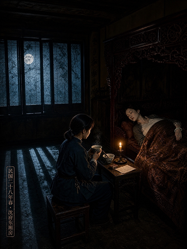 基于参考图进行修改，调整为竖构图600*800像素的书籍封面。保留原画面的民国东厢房场景、沈夫人卧病在床、阿萤端药守夜、月光从冰裂纹木窗透入、烛台、药碗、信件、左下角竖排文字等所有核心元素。调整画面为竖版构图，上下方向延展空间，使画面比例为3:4竖版。保持暖褐+冷月光主调，沉闷压抑氛围，电影质感，细腻写实风格。左下角竖排宋体文字"民国二十八年春·沈府东厢房"保留，做旧印章效果。