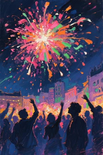 已完成图片生成，画面以岩彩画风格呈现深色夜幕背景，前景欢呼跃动的现代人群和城市剪影共同仰望天空，空中烟花化作泼洒的荧光颜料，洋红、亮橙与翠绿色块相互晕染滴落，光痕梦幻，光晕映照人群脸庞，点燃双眼，充满预览效果