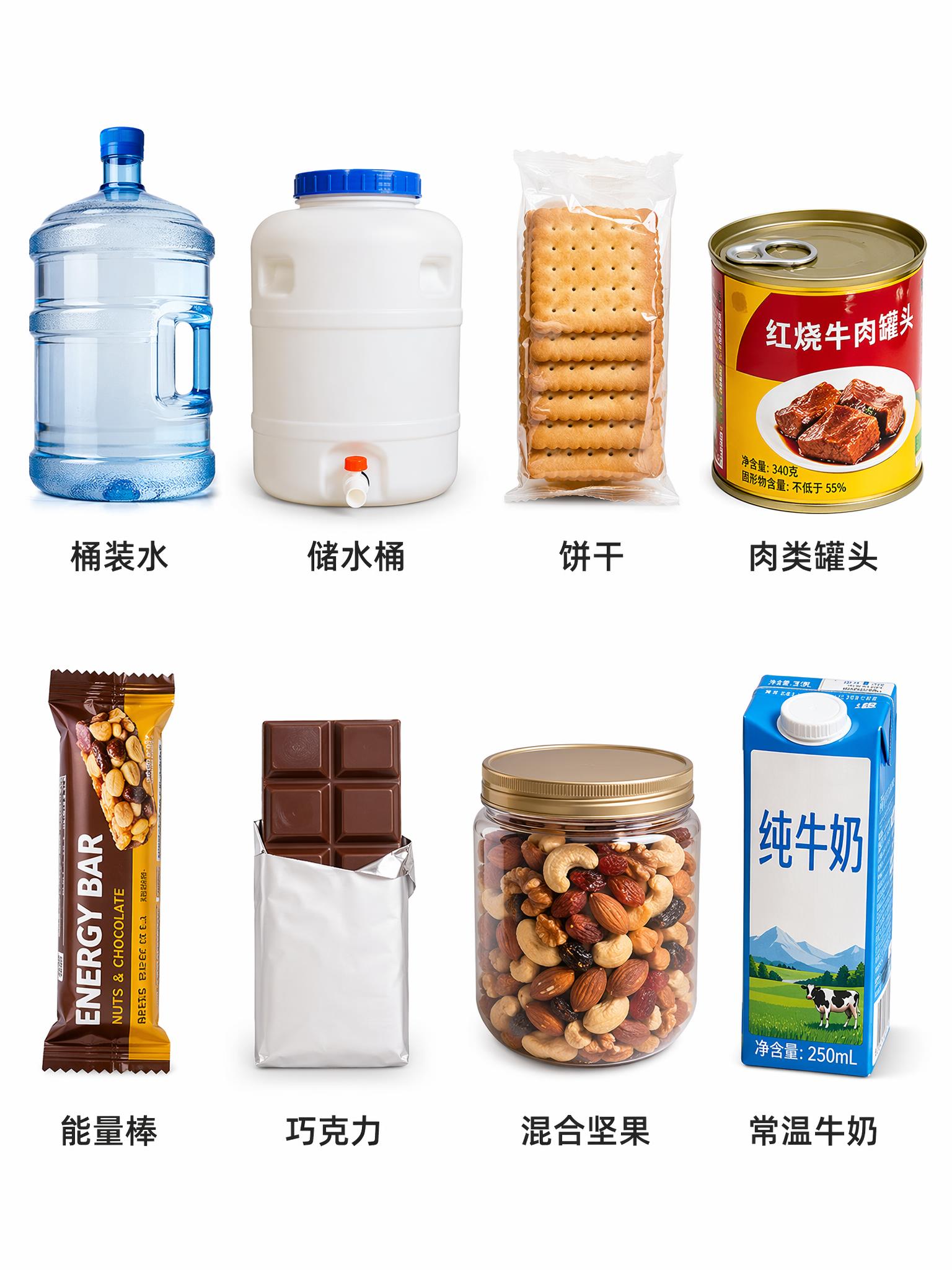 防汛应急物资科普海报，食品饮水组主题，统一写实产品摄影风格，4… - 图片创意预览
