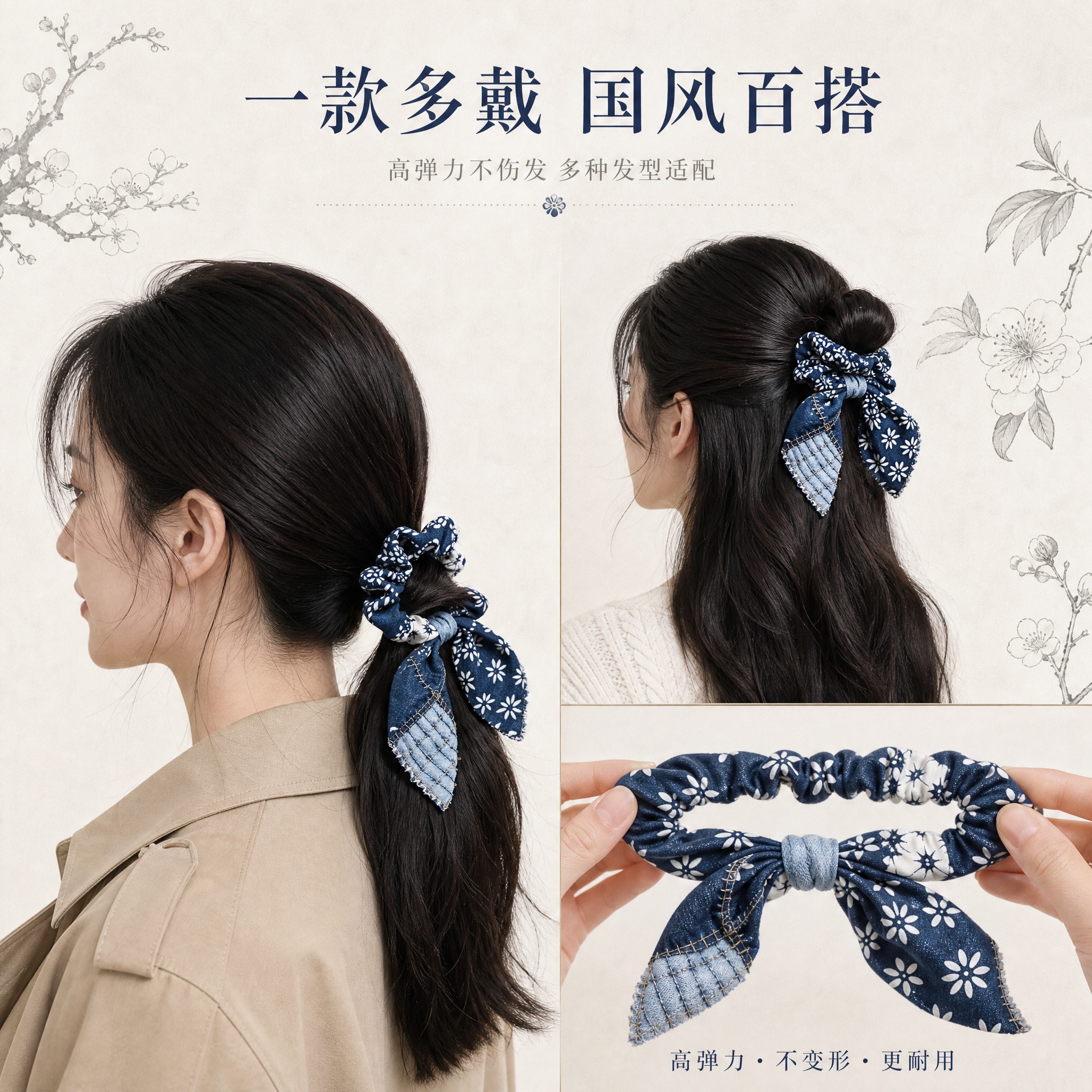 [主图-3] 蓝印花布拼接牛仔蝴蝶结大肠发圈 多场景佩戴效果展… - 图片创意预览