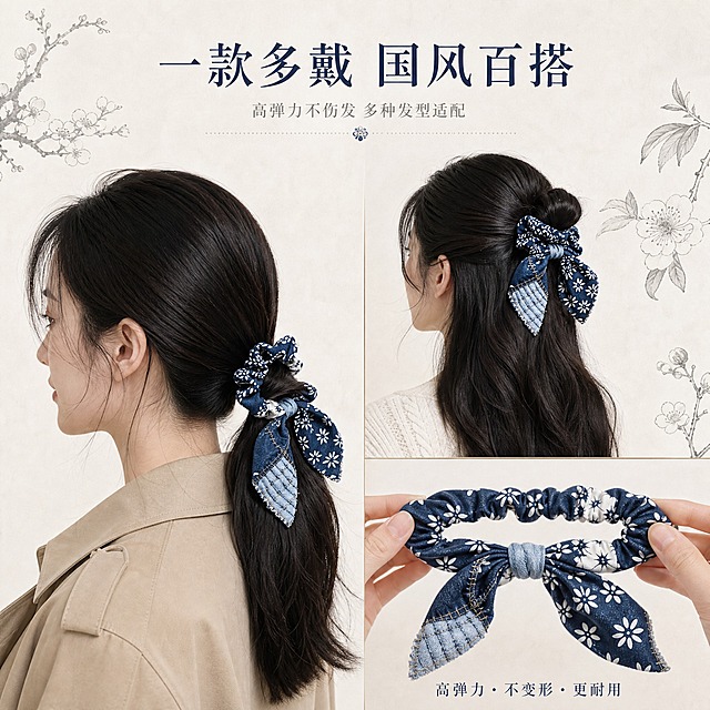 [主图-3] 蓝印花布拼接牛仔蝴蝶结大肠发圈 多场景佩戴效果展示 突出百搭属性与弹力性能
[统一基调] 新中式国风文艺风格，米白色肌理背景搭配淡墨线描花卉装饰，整体色调以藏青蓝、米白、浅牛仔蓝为主，字体采用雅致宋体，标题字色藏青色，辅助文字浅灰色，强调色为靛蓝色，画面干净高级有质感，传递非遗手作温度。
[画面] 画面采用左右分栏构图，左侧展示年轻亚洲女性侧面低马尾佩戴效果，乌黑长发扎低马尾，发圈佩戴在马尾根部，蝴蝶结飘带自然垂在一侧，人物穿浅卡其色风衣，背景为淡墨梅花枝；右侧上方展示半扎发佩戴效果，头发半扎在脑后，发圈点缀其中，露出部分侧脸轮廓，穿米白色针织衫；右侧下方特写展示发圈的高弹力拉伸效果，双手轻轻拉开发圈展示弹性，布料拉伸后仍保持花纹完整。三个场景均突出发圈的蓝白印花与牛仔拼接设计，背景统一为米白色肌理，搭配不同位置的淡墨线描花卉装饰。
[光影质感] 整体柔和自然光，每个小场景光影统一，发圈在不同发型下都清晰展示材质与造型，人物皮肤自然，布料纹理真实，弹力展示图中发圈拉伸自然不变形，突出高弹属性。
[配色] 主色藏青蓝、米白色、浅牛仔蓝，人物服装浅卡其、米白，背景米白肌理，装饰元素淡墨灰色，整体色调和谐统一，文艺复古。
[文字版式] 画面顶部居中放置主标题「一款多戴 国风百搭」，藏青色宋体大字，下方小字副标题「高弹力不伤发 多种发型适配」，浅灰色小号宋体，文字放在顶部负空间，不遮挡主体画面。
[输出要求] 1:1正方形比例，2K高清，发圈在各场景中清晰可见，材质一致，人物自然不僵硬，文字清晰可读，无变形，无错字，无水印，无平台Logo，三个场景分区明确不杂乱。