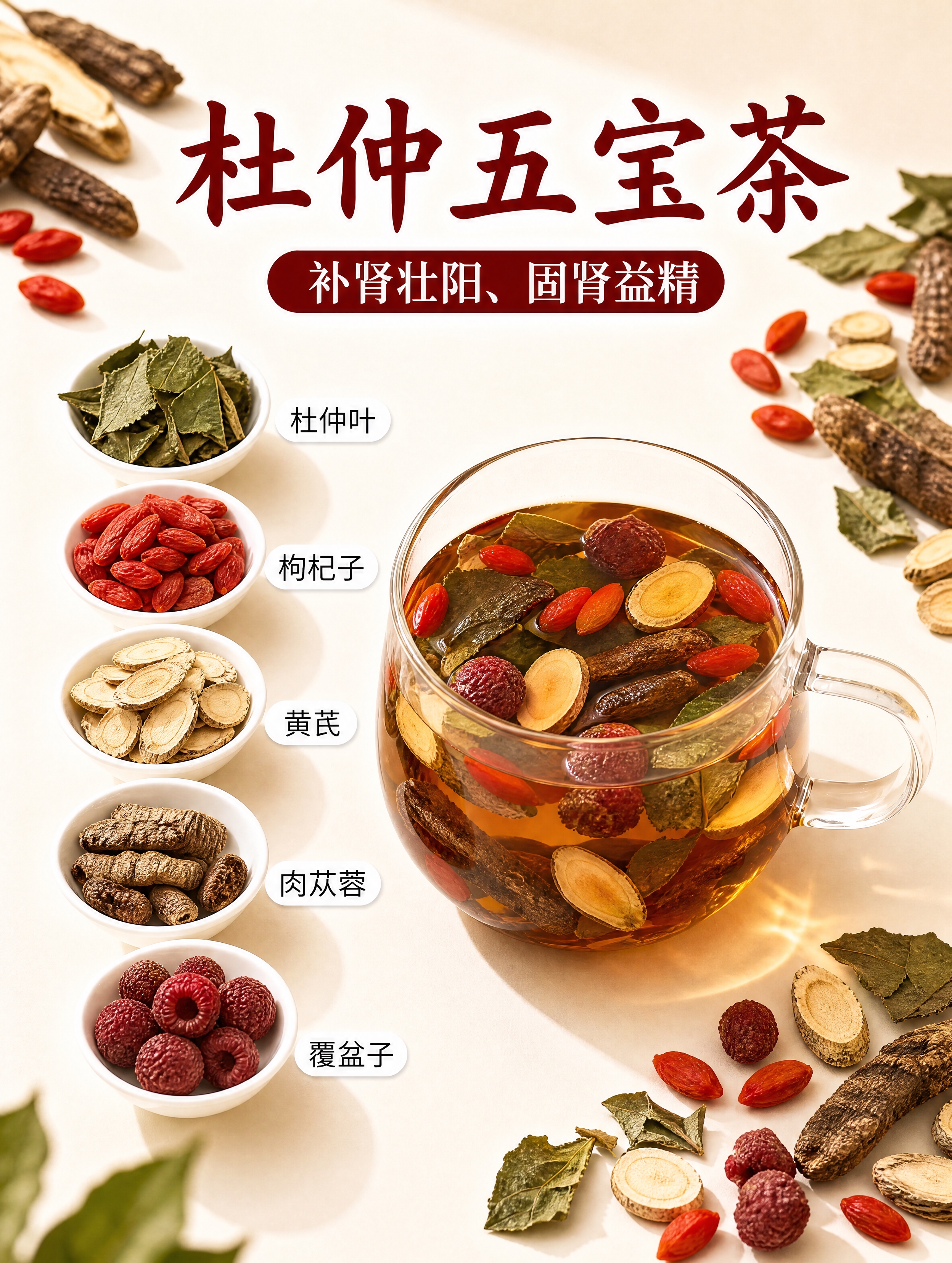 参考图的构图和版式保持不变，将图中内容修改为杜仲五宝茶主题：… - 图片创意预览