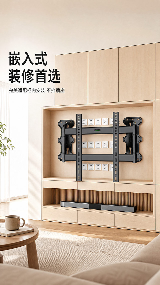 [第5屏] 嵌入式安装场景展示，展示产品在家庭电视柜中的使用效果。本屏使用【图1】作为产品主体，保持产品结构和颜色与原图一致。
[氛围/风格] 温馨家居实景感，浅原木风客厅场景，自然柔和光影，真实生活化氛围感。
[元素布局] 展示嵌入式电视柜完整场景，挂架安装在预留凹槽内，后方插座清晰可见，周围是原木柜体，底部预留音响位置，整体场景完整，产品占画面中心约60%大小，突出适配嵌入式装修的效果。
[光影质感] 自然光从左侧入户，柔和照亮客厅场景，产品结构清晰，背景自然虚化，层次分明。
[配色色系] 全局以原木浅暖色系为主：柜体#E8D9C4，墙面#F5F0E6，产品保持黑色哑光金属质感。
[视角构图] 平视居中构图，完整展示嵌入式安装整体效果，符合用户家装视角。
[文字版式] 左侧文案区域，主标题："嵌入式装修首选"加粗黑色，副标题："完美适配柜内安装 不挡插座"小字黑色，文案不遮挡挂架主体。
[比例分辨率] 9:16竖版，4K，文字清晰。
[负向提示词] 场景失真，产品结构变形，颜色偏差，文字模糊，水印。