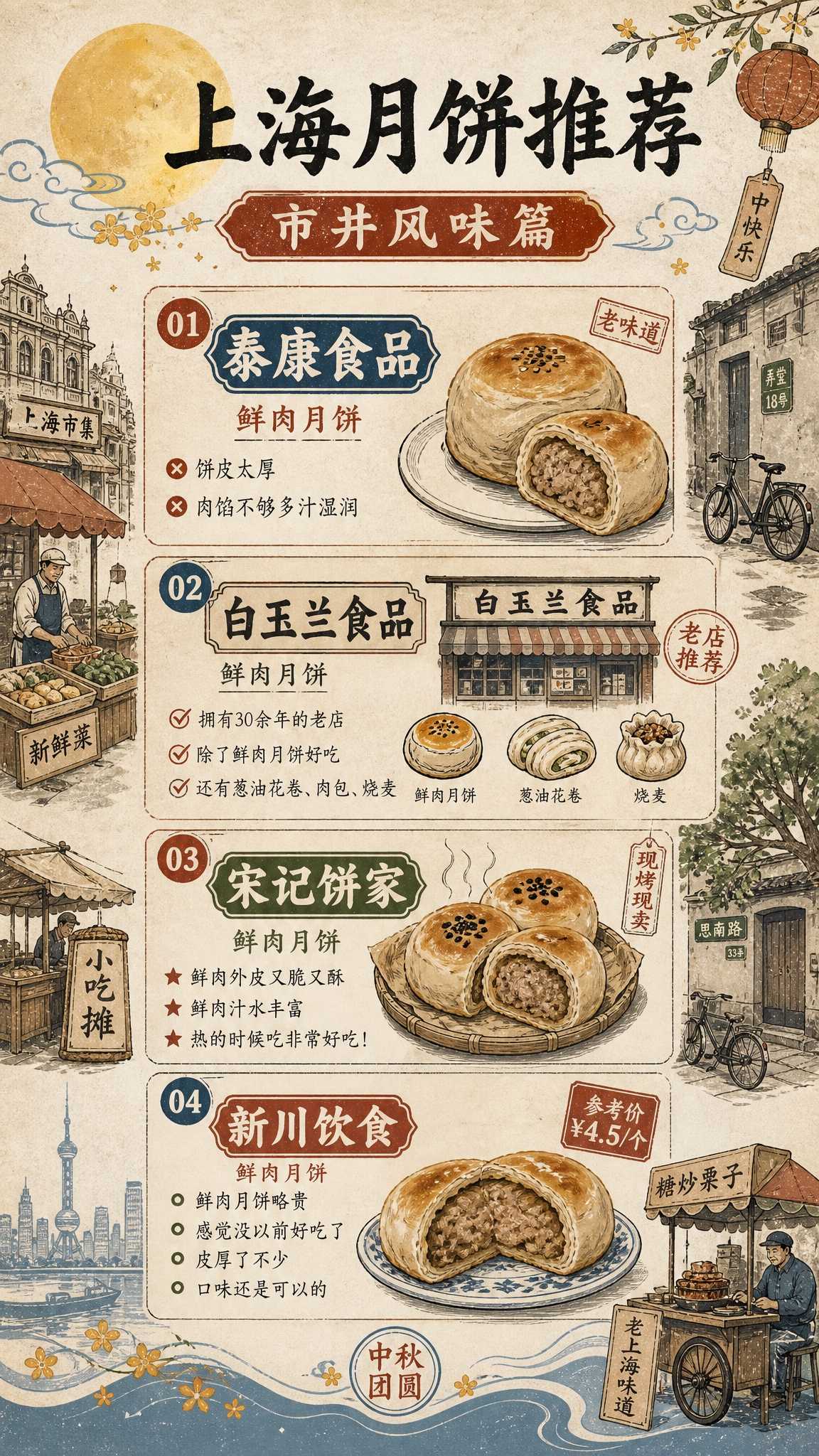 复古新中式手绘插画风格竖版手机长海报，主题为「上海月饼推荐」。… - 图片创意预览