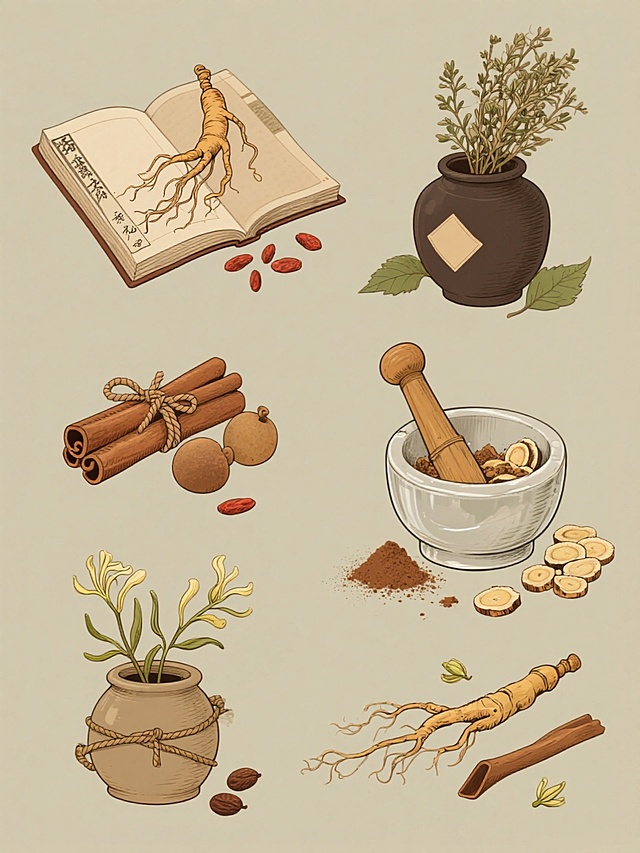 六个规整排布的中药主题插画系列素材集合，每个元素均采用复古手绘线稿风格，搭配温暖的棕色、赭石色和橄榄绿为主色调，细节处有细腻的纹理和阴影表现。包含：1. 左侧：一本翻开的古籍书页上放置着几株完整的人参，书页旁散落着几颗饱满的枸杞，背景有缠绕的麻绳；2. 右上：一个深色陶罐中插着干燥的艾草束，罐身贴有空白标签，旁边点缀着几片艾叶；3. 右下：一个带木塞的玻璃瓶内装着切片的黄芪，瓶口露出几片黄芪饮片，下方散落着三两片甘草叶；4. 左上：一卷用麻绳捆绑的肉桂棒，旁边摆放着几颗完整的桂圆，背景有细小的肉桂粉末；5. 中间：一个竹制药杵旁放置着研钵，里面是捣碎的当归，旁边散落着当归切片和几根当归须；6. 左下：一个陶瓷药罐中插着几支金银花，罐口缠绕着藤蔓，下方有几颗散落的金银花蕾。所有元素均以纯色背景呈现，保持统一的复古手绘质感和中药类目主题，整体构图平衡，信息传达清晰，具有浓厚的传统医药文化氛围。