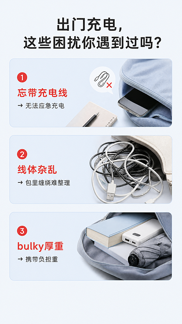 [第2屏] 充电宝详情页痛点直击页，展示外出充电常见困扰。无需使用用户产品图。
[氛围/风格] 简约生活化设计风格，浅灰蓝背景，干净清晰的图文排版，真实场景氛围感。
[元素布局] 顶部大标题，中部为三个痛点场景卡片上下排列，每个卡片配简约场景示意图，底部预留总结留白。每个场景卡片占据画面约1/4高度，左右留边避免文字拥挤。
[光影质感] 整体均匀柔和布光，文字清晰，卡片区分明显，没有硬阴影和过曝区域。
[配色色系] 全局底色：#F5F9FC；标题文字：#212121深灰；卡片背景：#E8F0F8浅蓝，痛点文字用#E53935红色标注重点。
[视角构图] 竖向通屏排版，从上至下自然阅读，单栏布局信息清晰，无多余元素干扰。
[文字版式] 顶部大标题「
"出门充电，这些困扰你遇到过吗？"」，三个痛点分别为：1.「忘带充电线 → 无法应急充电」2.「线体杂乱 → 包里缠绕难整理」3.「 bulky厚重 → 携带负担重」，每个痛点文字左对齐，卡片内文字不挤，清晰易读，重点痛点文字用红色高亮。
[比例分辨率] 9:16竖版比例，4K分辨率，文字清晰可辨。
[负向提示词] 文字错乱，水印，背景杂乱，图片变形，信息模糊。