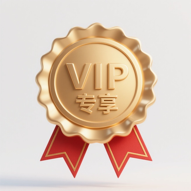 3D渲染风格的金色VIP徽章，徽章主体为圆形，边缘呈波浪花瓣状，表面有细腻的金属光泽和反光质感，中央立体浮雕“VIP”英文字母与下方“专享”中文字样，字体厚重且带有立体感，徽章底部悬挂两条对称的红色丝带，丝带末端呈尖角状并带有金色边缘线条，整体光影效果为柔和的顶部光源，形成自然的明暗过渡和轻微阴影，背景为纯白色，突出徽章的精致与尊贵感，整体构图居中对称，视觉焦点集中在徽章主体。预览效果