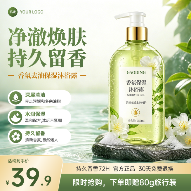 香氛沐浴露美妆个护绿色系电商零售主图预览效果