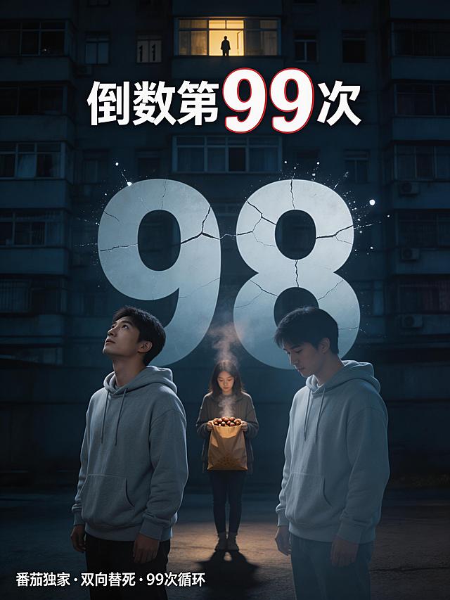 小说封面，画面中央是一个巨大的半透明倒计时数字"99"，数字带有裂纹，正从"99"向"98"渐变，边缘有破碎光点。数字前方，两个穿着同款灰色卫衣的男人并肩而立，一个清晰一个半透明；女人站在他们身后稍远处，手里拎着一袋冒着热气的糖炒栗子，热气向上飘散融入数字中。实男人抬头看向楼上方向，虚男人低头看女人，女人低头看手里的栗子。远景是一栋楼，11楼窗户亮着灯，窗边有微小的人影。地上有三个人位置的影子，但只显示两个影子。色彩基调：深蓝黑色背景，暖橙色来自糖炒栗子，冷白色用于数字。文字排版：画面中央偏上是主书名"倒数第99次"，粗黑体，数字"99"放大特殊字体，颜色冷白边缘微红。底部角落角标文字"番茄独家 · 双向替死 · 99次循环"。氛围孤独温暖，宿命循环感，氛围感电影海报质感，景深合适