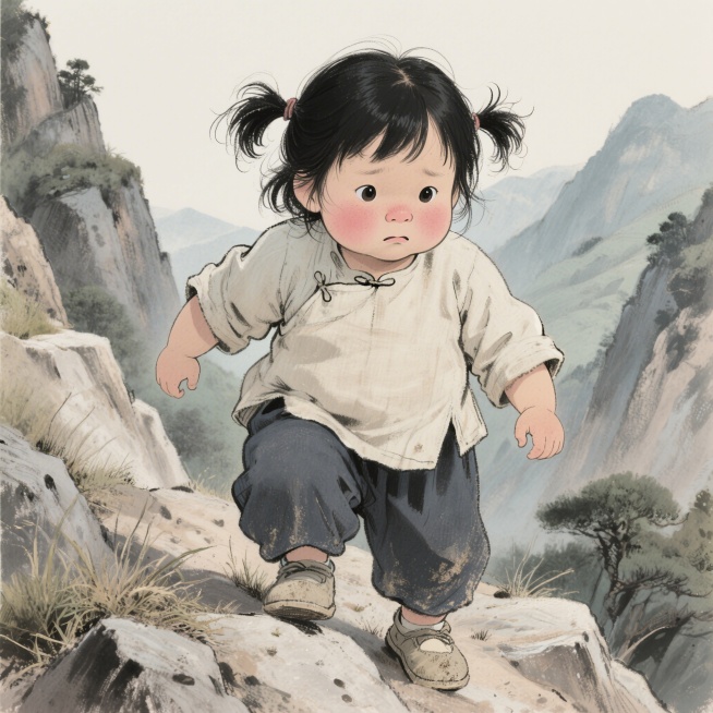8岁东方小女孩，黑色头发扎双丫髻，碎发凌乱，纯黑色发色，矮胖圆润体型，肉嘟嘟胳膊小腿，圆脸婴儿肥，白皙粉嫩皮肤，大眼睛，鼻子微红，浅色系棉布上衣，深色宽松棉布裤子，软底浅口布鞋，衣服沾少量灰尘草屑，写预览效果