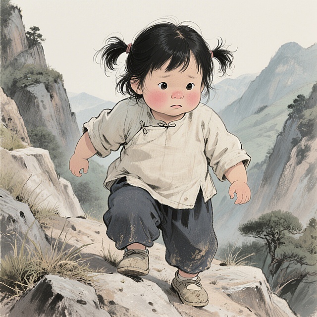 8岁东方小女孩，黑色头发扎双丫髻，碎发凌乱，纯黑色发色，矮胖圆润体型，肉嘟嘟胳膊小腿，圆脸婴儿肥，白皙粉嫩皮肤，大眼睛，鼻子微红，浅色系棉布上衣，深色宽松棉布裤子，软底浅口布鞋，衣服沾少量灰尘草屑，写实风格，爬山场景，神态委屈又倔强