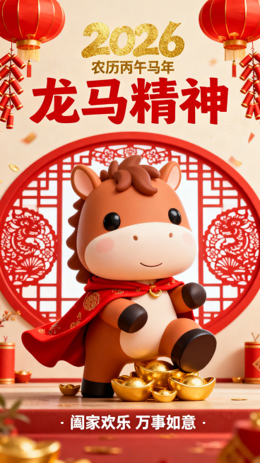 2026马年贺岁海报，9:16比例，画面主体是憨态可掬的卡通萌马形象，身披红色喜庆披风，蹄下踩着金色元宝，背景是红灯笼、鞭炮和红色剪纸风格的窗花纹样，顶部是金色艺术字“2026 农历丙午马年”，中间是预览效果