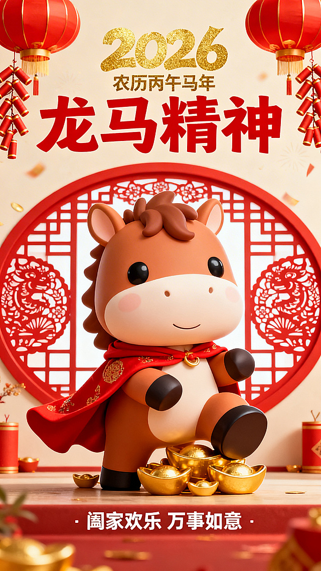 软3D风格萌马披红袍，剪纸窗花与金元宝点缀，国潮风喜庆迎新年，传递龙马精神与吉祥祝福。