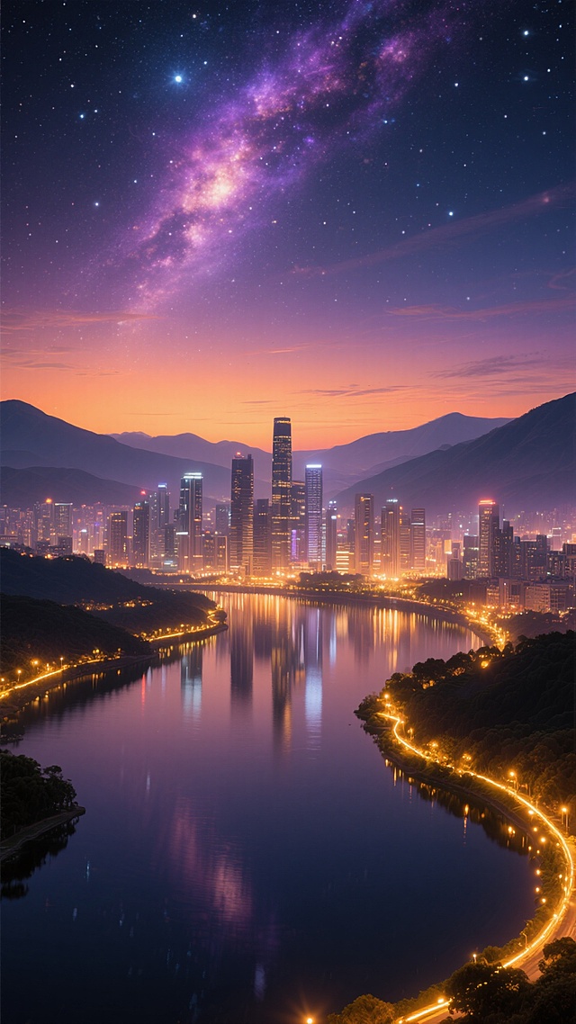 夜晚城市全景，深邃星空点缀着无数闪烁星辰与绚烂星云，橙紫色渐变的天际线笼罩着灯火辉煌的现代都市建筑群，远处山脉轮廓朦胧，城市灯光在平静的湖面上形成完美倒影，蜿蜒的河流两岸布满温暖的金色灯光宛如发光丝带，整体呈现梦幻、璀璨、宁静而壮丽的氛围，具有高度写实的3D质感与细腻光影效果，色彩和谐统一，构图层次分明，视觉冲击力强。