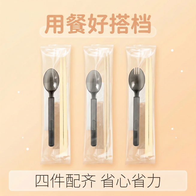 一次性筷子四件套电商主图，1:1比例，简约清新风。顶部核心信息区主标题“用餐好搭档”采用淡橙色圆角字体，居中做半透明叠加效果。中部商品展示区产品居中，背景为淡橙色渐变，散落几个极小的白色圆点装饰。底部预览效果