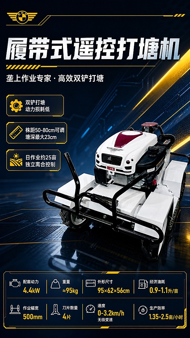 BMW汽车海报高端工业风版式，硬朗金属质感，黄蓝配色主题，锐利光影，大气高级。画面主体为白色履带式遥控打塘机（割草机），位于画面中下部偏右，呈45度前侧视角，产品占画面约55%。

【产品保真硬约束】白色履带式遥控打塘机100%还原上传商品图的产品外形、结构、颜色、履带底盘、几何切面机身、正面朝向，以上传图为唯一商品主体来源，完整保留原图中的履带、车把、黑色护杠、白色几何切面机身、酒红色顶盖、发动机部件、整体比例与材质质感，产品外观结构、颜色、部件位置均与上传图保持一致；设计仅作用于背景、光影、版式和文字区；文字不遮挡产品主体。

【配色方案】黄蓝工业配色——主背景为深邃藏蓝色渐变，点缀明黄色装饰线条、标签和强调元素，形成强烈对比的工业科技感，类似工程机械设备的黄蓝安全配色风格。

【版式骨架复刻BMW高端工业风】
- 顶栏：左上角小型品牌标识区，黄色金属质感线条
- 主标题区：画面上部左侧，大字号粗体工业风标题，白色字配藏蓝色背景，标题下方有黄色装饰横线
- 产品区：画面中下部偏右，产品为绝对视觉焦点
- 卖点带：画面左侧中部，竖向排列3个核心卖点，黄色几何图标+白色文字，每个卖点有黄色边框标签
- 参数区：画面底部，横向技术参数栏，藏蓝色半透明底，白色小字配黄色数字强调

【背景与光影】深藏蓝色到黑色渐变工业背景，隐约可见金属网格纹理与几何线条，侧上方锐利硬光照射产品，形成强烈明暗对比与金属高光，地面有产品倒影，黄色光束从侧面斜切画面增加动感，整体氛围冷峻高端且充满力量感，工业科技感强烈。

【完整文案清单，画面中必须完整呈现以下文字信息】
主标题："履带式遥控打塘机"
副标题："垄上作业专家 · 高效双铲打塘"
核心卖点（3条）：
"双铲打塘 动力损耗低"
"株距50-80cm可调 塘深最大23cm"
"日作业约25亩 独立离合控制"
技术参数（底部参数栏）：
"配套动力 4.4kW"
"重量 ≈95kg"
"外形尺寸 95×62×56cm"
"经济油耗 0.9-1.1升/亩"
"作业幅宽 500mm"
"刀片数量 4片"
"速度 0-3.2km/h 无级变速"
"生产效率 1.35-2.5亩/小时"

【数字精确约束】画面中所有数字必须精确渲染，不得错位、遗漏或编造，包括"212cc""50-80cm""23cm""25亩""4.4kW""95kg""95×62×56cm""0.9-1.1升/亩""500mm""4片""0-3.2km/h""1.35-2.5亩/小时"。

画面中所有信息区域、参数表格、卖点条目必须填充完整合理的内容，不得出现空白框、空白占位、横线待填写区域、空列表项、空单元格。版式精美，层级分明，黄蓝工业配色，超高清2K画质，写实商业摄影风格。