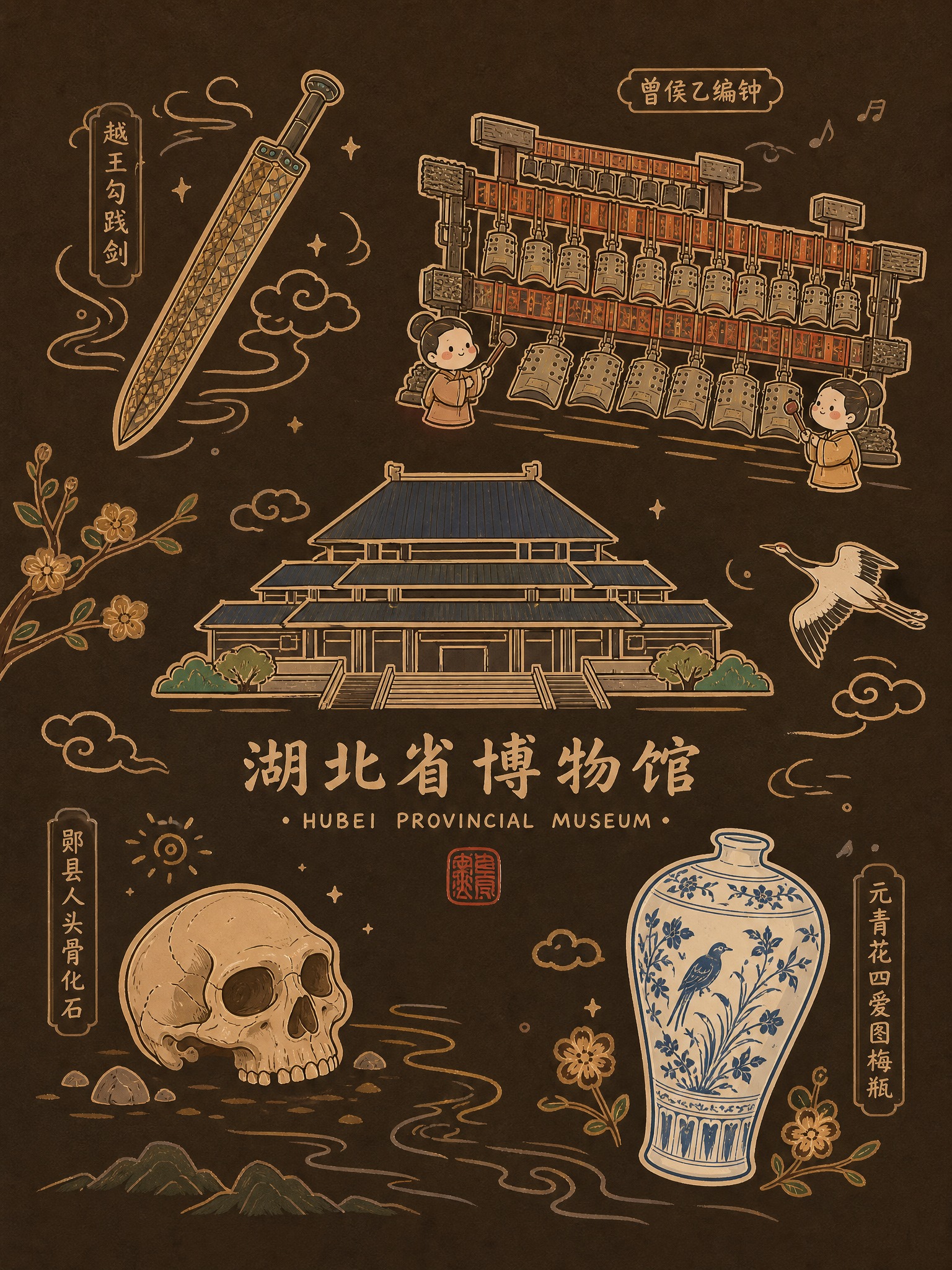 湖北省博物馆主题插画，画面中央是湖北省博物馆建筑的卡通简笔画风… - 图片创意预览