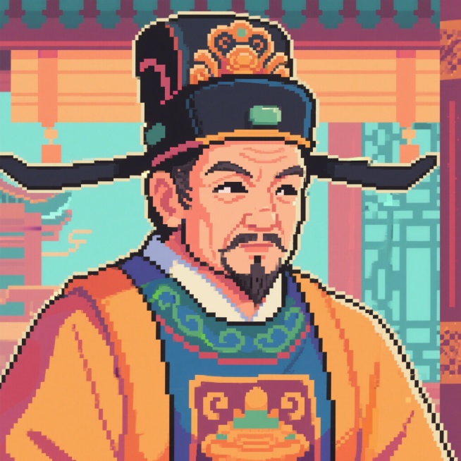 像素风格的唐朝工部官员头像，复古像素风，干练务实气质，中年男性，唐代官服预览效果