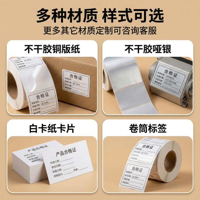 生成多种材质合格证标签展示主图，参考图格局使用2x2网格排版，每个圆角方框展示一种材质，分别是不干胶铜版纸、不干胶哑银、白卡纸卡片、卷筒标签，每个配实物实拍图和文字名称说明，顶部加粗大字标题"多种材质预览效果