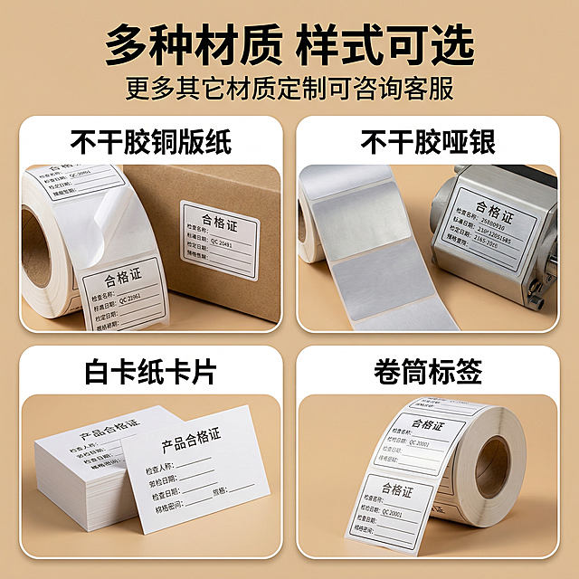 生成多种材质合格证标签展示主图，参考图格局使用2x2网格排版，每个圆角方框展示一种材质，分别是不干胶铜版纸、不干胶哑银、白卡纸卡片、卷筒标签，每个配实物实拍图和文字名称说明，顶部加粗大字标题"多种材质 样式可选"，副标题"更多其它材质定制可咨询客服"，背景暖米色，排版整齐清晰，实物图直观展示不同材质效果，文字不遮挡图片，整体清晰专业