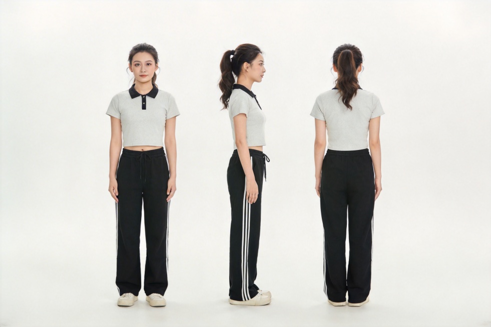 一个成年女性的定妆三视图，穿着休闲服装，同时展示正面、侧面、背面三个角度，纯白色背景，专业影棚定妆照风格，细节清晰，画质干净通透，专业人像摄影，主体清晰突出，构图均衡，每个角度完整独立展示预览效果