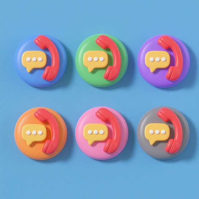 一系列6个规整排布的3D矢量风格图标，每个图标均包含红色电话听筒和黄色语音气泡的核心元素，保持圆润造型、光滑表面、柔和阴影的统一风格，采用纯色背景，画面整体色彩分别变换为蓝色系、绿色系、紫色系、橙色系、粉色系、灰色系，元素内容和造型完全不同但保持电话听筒与语音气泡的同元素属性，整体呈现简洁明快的设计感。