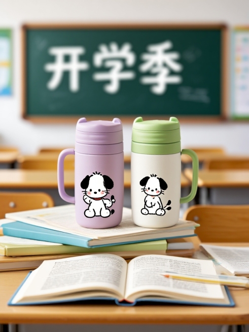 两个萌趣保温杯，印着小狗、小猫卡通图案，错落摆在叠放和翻开的书上，层次分明。明亮教室为背景，黑板是模糊的“开学季”三个字，满是温馨童趣。马卡龙紫、绿、白搭配和谐，细节处注重杯身卡通图案的生动感、杯子的预览效果