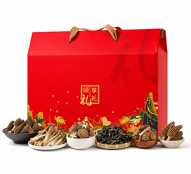 产品精修，产品置于纯白背景上，专业商业棚拍光，5500K标准中性白光，轮廓光，体积光，曝光正确，强烈真实立体感，接地处保留干净浅淡的自然接触阴影，严禁大片投影、脏灰阴影和悬浮感，主体居中，商品完整入画不裁切，商品外轮廓视觉体量约画面70%-85%，四边均匀留白，极致超清画质，细节清晰锐利，商业级实拍质感，保留原图真实材质与结构细节，在红色礼盒下方添加6种山珍干货食材，从左到右依次为：羊肚菌（装在深灰色粗陶碗中）、鹿茸菇（装在白色瓷盘中）、香菇（装在白色瓷碗中）、黑木耳（装在竹编簸箕中）、野生青冈菌（装在小木碗中）、野生牛肚菌（装在陶瓷小碟中），每种食材饱满新鲜、纹理清晰、质感真实，容器造型各异错落排列，与礼盒风格协调统一，锁定红色礼盒的轮廓、结构、文字图案、提手和细节不变，只在下方添加食材，标准透视校正，正常透视焦段，保持前侧视图机位