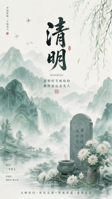 清明节气宣传海报，国风设计，画面包含青山和祭扫白花，顶部有醒目文字"清明"，整体色调清雅肃穆预览效果