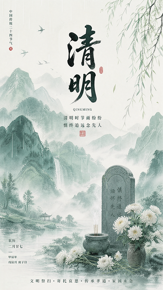 清明节气宣传海报，国风设计，画面包含青山和祭扫白花，顶部有醒目文字"清明"，整体色调清雅肃穆