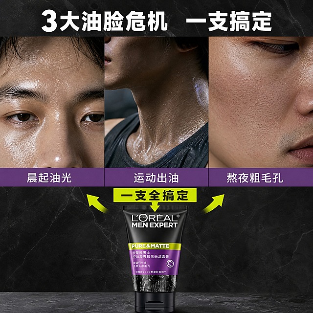 [主图-6] 适用人群与场景 多场景拼图展示。
[统一基调] 美妆品牌感，深灰大理石纹理背景，黑色+紫色+荧光绿品牌配色，干净非衬线粗体字，大字标题醒目，符合拼多多平台直白高点击风格，整体高端男士护肤调性。
[画面] 画面采用三宫格拼图布局，展示男士三个典型出油场景：1）晨起油光满面（额头鼻部特写）；2）运动后大汗淋漓（运动肩部颈部局部）；3）熬夜后毛孔粗大（脸颊局部特写）。每个场景图下方配对应标签。画面底部居中放置欧莱雅男士洁面膏产品，作为所有场景的解决方案。产品占画面约25%。
[光影质感] 真实生活摄影拼贴质感，每个场景光影自然，产品统一打光，拼贴过渡自然。
[配色] 深灰主背景，每个场景保留真实色调，紫色标题栏，荧光绿解决方案标签。
[文字版式] 最上方大字号白色粗体标题"3大油脸危机 一支搞定"。三宫格每格下方紫色小标签分别为"晨起油光""运动出油""熬夜粗毛孔"。产品上方荧光绿箭头指向产品，配文字"一支全搞定"。
[输出要求] 1:1正方形，2048*2048，拼图清晰，产品清晰，无水印无平台Logo，不出现夸张前后对比，人物局部正常。