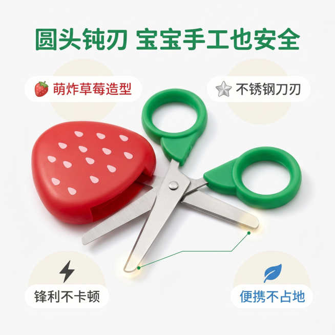 [主图-2] 草莓小剪刀核心卖点展示。[氛围风格] 明亮干净，清新可爱，突出产品安全性特征。[画质] 商业摄影质感，光线柔和通透，产品清晰真实，画面干净高级。[元素] 草莓小剪刀打开平放在画面中央，重预览效果
