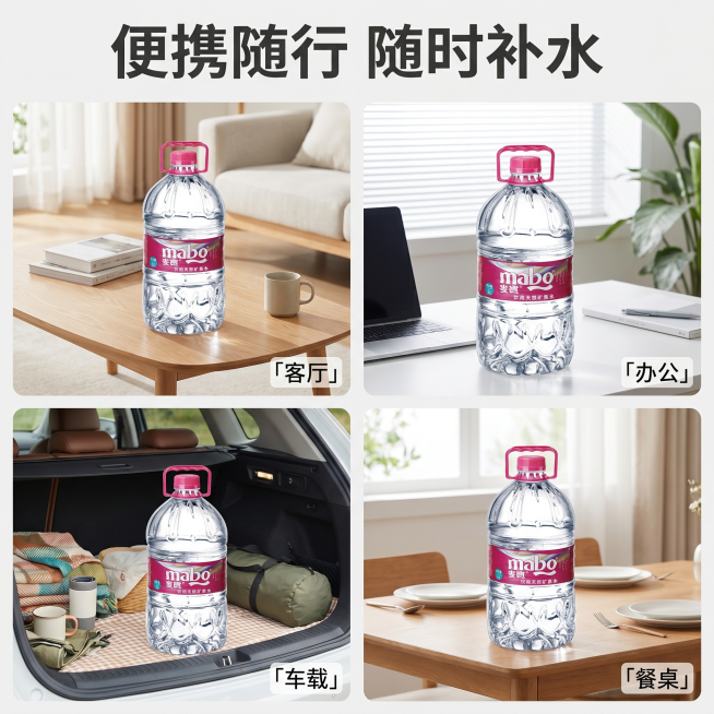 [主图 4] 便携性多场景展示。[氛围风格] 实用生活场景风，亲切自然。[画质] 商业摄影质感、光线柔和通透、产品清晰真实、画面干净高级。[元素] 采用四宫格构图展示产品在不同场景的使用：左上客厅茶几预览效果