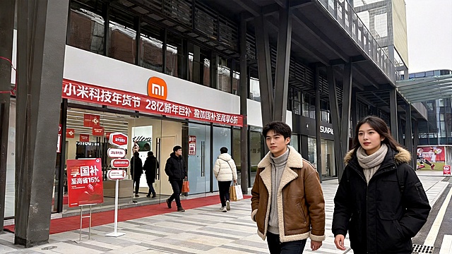 不改变图中建筑及细节，添加穿着保暖时尚衣服的年轻男女，店内有人购物，店外有人路过，人物面部正常自然无扭曲