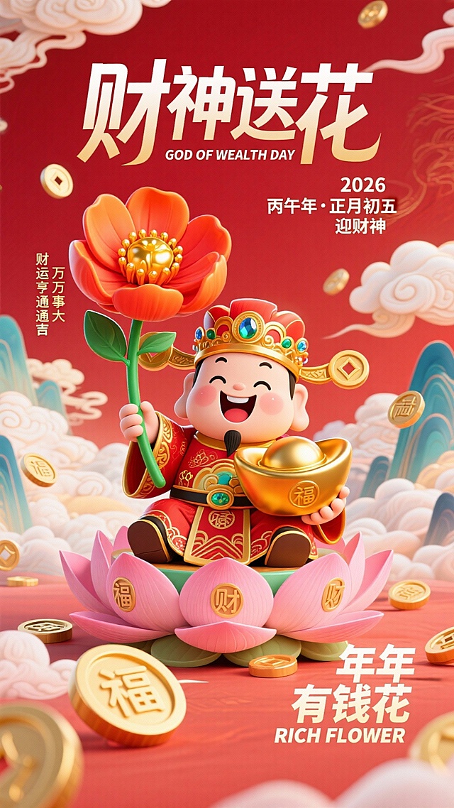 软3D国潮风，卡通财神手持鎏金花与元宝，坐于莲花之上，喜庆红金配色，塑料质感强化体积感，迎财神节日氛围浓厚。