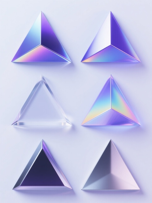 6个不同样式与材质的3D三角形几何形状元素，采用上下两行对齐排列，整体呈现明亮通透的现代简约风格，浅色背景，三角形表面具有类似原图的渐变色彩效果，融合了光滑的金属质感、磨砂玻璃质感、半透明水晶质感、哑光塑料质感、反光釉面质感和细腻的磨砂金属质感，每个三角形都有清晰的棱角和立体光影效果，高光和阴影过渡自然，色彩以蓝紫色调为主并带有微妙的彩虹色反光，整体视觉层次分明，设计感强，适合作为现代科技或创……预览效果