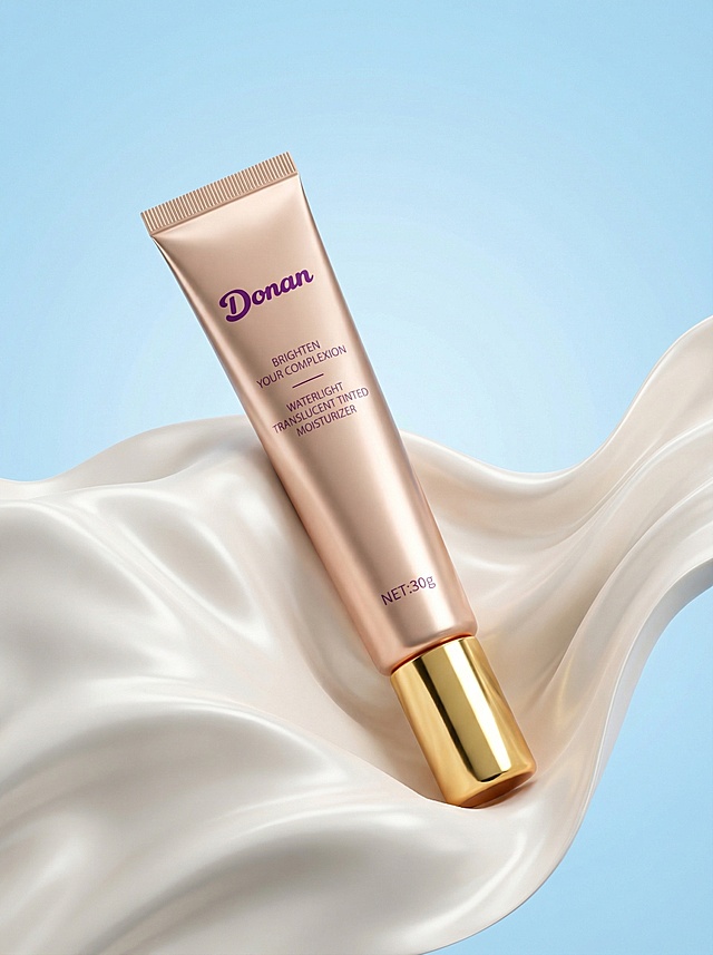 超写实清新美妆产品海报，整体风格简约高级、清透干净，主色调为浅天蓝色渐变背景 + 纯净白色主体，软管斜置于造型流畅的白色柔滑褶皱肌理载体上（质感如丝缎 / 奶油，呈现自然的起伏褶皱）；背景为纯净的浅天蓝色渐变，无多余元素，突出产品的简洁质感；采用微侧平视视角，构图以产品为中心、载体线条环绕衬托，光线为柔和漫射光，强化软管的哑光质感、金色环的光泽感及载体的柔滑肌理，细节清晰细腻，整体呈现清新通透的高端护肤类商业海报氛围