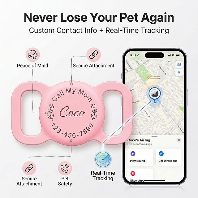 strictly restore all details of the uploaded product: pink AirTag holder with engraved text "Coco, Call My Mom, 123-456-7890", place it next to a smartphone showing AirTag Find My app interface with a map location pin, conceptual infographic-style shot, clean white background, soft lighting, top main title "Never Lose Your Pet Again" in bold sans-serif font, subtitle "Custom Contact Info + Real-Time Tracking" in smaller font below, magazine-style infographic layout, American tech-savvy pet owner aesthetic, high resolution, clear information hierarchy