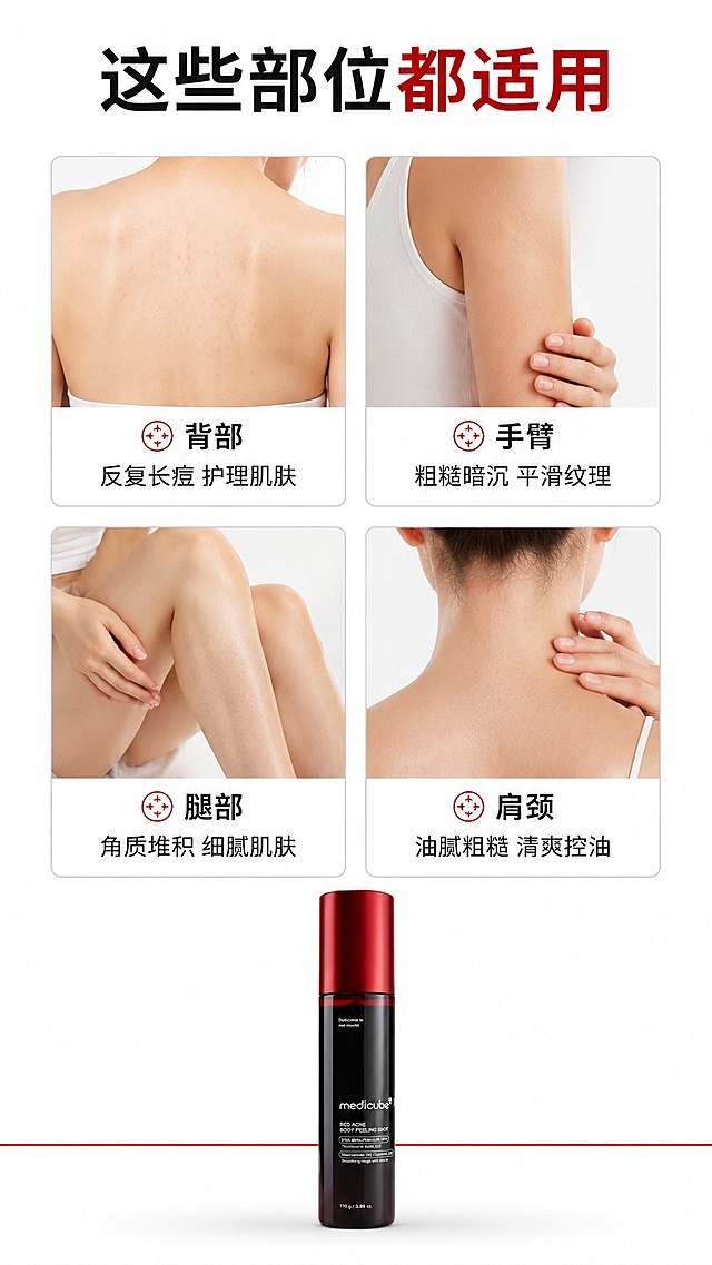 [第5屏] 适用部位展示-medicube RED身体喷雾适用场景和困扰。
[氛围/风格] 清晰分区，直观明了，专业实用风，简约设计质感。
[元素布局] 顶部主标题，下方4格卡片网格排列，每格展示一个适用部位局部图：分别为背部、手臂、腿部、肩颈，每个卡片配困扰说明，底部通栏放置产品主体，占比约20%高度；产品保持原图外观一致。
[光影质感] 每个卡片均匀布光，整体明亮清晰，产品底部光影自然，层次分明。
[配色色系] 全局底色 #FFFFFF，主色红色标注重点，辅助浅灰卡片边框，黑色清晰文字。
[视角构图] 上标题中网格下产品，从上到下通屏，网格规整排列。
[文字版式] 顶部主标题「这些部位都适用」，每个卡片部位配标题+短说明：背部「反复长痘 护理肌肤」、手臂「粗糙暗沉 平滑纹理」、腿部「角质堆积 细腻肌肤」、肩颈「油腻粗糙 清爽控油」，文字清晰整齐，排版干净。
[比例分辨率] 9:16竖版比例，4K分辨率，文字清晰可辨，高清画质。
[负向提示词] 医疗承诺，根治词语，图片变形，排版错乱，产品变色