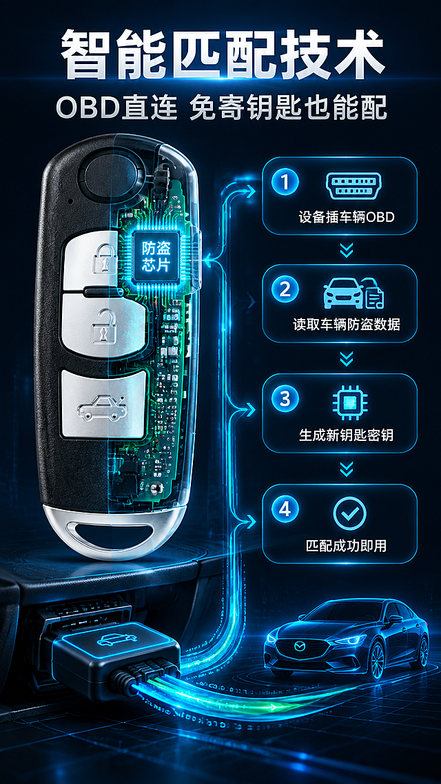 [商品] 使用【图1】马自达智能遥控钥匙3键款；保留黑色磨砂外壳、银色按键面板、顶部圆形感应区、底部银色挂扣、按键图标和整体比例；做半透明剖面效果示意内部芯片结构，外壳轮廓和外观保持原样。
[画面] 目标：第4张核心技术/工作原理，解释"为什么不用寄钥匙也能配"。系统路径型版式，左侧展示钥匙半透明剖面（可见内部防盗芯片、电路板），右侧用发光线条连接到下方OBD匹配设备示意图，形成"设备→车辆OBD→读取数据→生成钥匙→匹配成功"的可视化路径。背景为深黑蓝科技感，带数据流动光效。
[视觉] 套系策略：风格=深色科技汽车用品商业摄影；标题字=粗黑无衬线黑体；正文字=简洁无衬线中黑体；主色=深炭黑+深空蓝；背景延展=基于深炭黑/深空蓝做渐变层级、数据流光线条、科技网格；强调色=冰蓝色+荧光绿，仅用于数据流、路径线、芯片发光；标题色=纯白；正文色=浅银灰；组件=圆角深色技术说明卡、冰蓝发光路径线、芯片发光效果；光影=冷调科技光+芯片位置内发光。
[文字] 顶部主标题：「智能匹配技术」，副标题：「OBD直连 免寄钥匙也能配」。路径节点文字：①「设备插车辆OBD」②「读取车辆防盗数据」③「生成新钥匙密钥」④「匹配成功即用」。文字全部横排，技术说明简洁易懂。
[规格] 图片比例9:16竖版，4K分辨率，避免钥匙外观变形、错字、虚构认证、出现极限词。