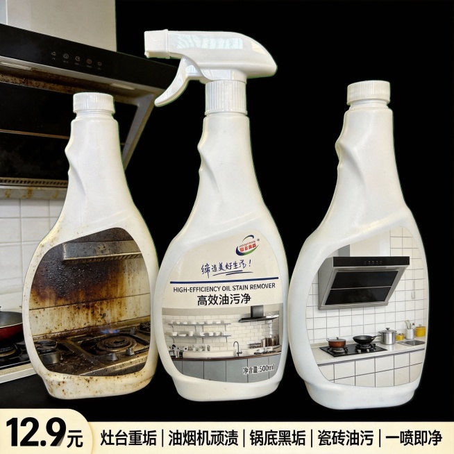 生成10张不同场景的油污净电商主图，价格“12.9元”，比例1:1，灶台重垢 | 油烟机顽渍 | 锅底黑垢 | 瓷砖油污 | 一喷即净预览效果
