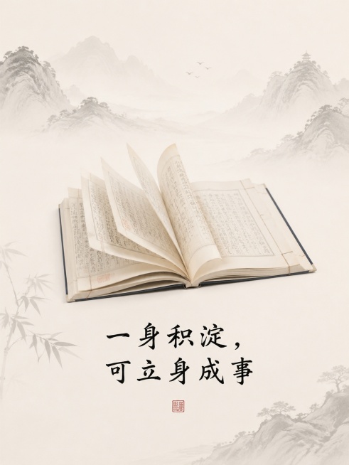 极简浅色国风背景，用淡墨远山作为元素，中央摆放打开的线装古籍，书页散开营造知识积淀的氛围，下方配书法文字"一身积淀，可立身成事"，整体色调淡雅，浅米白配浅墨色，干净雅致，新中式风格预览效果