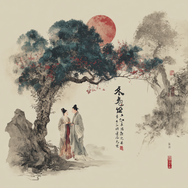 我需要一张ppt的背景图，主题是“纸语纱衣，著身若云”是关于桑麻纤维来做纸衣的内容，我的背景图需要体现出桑树与服饰两大元素，要包含一些艺术气息，古风特色，画面不要太素预览效果