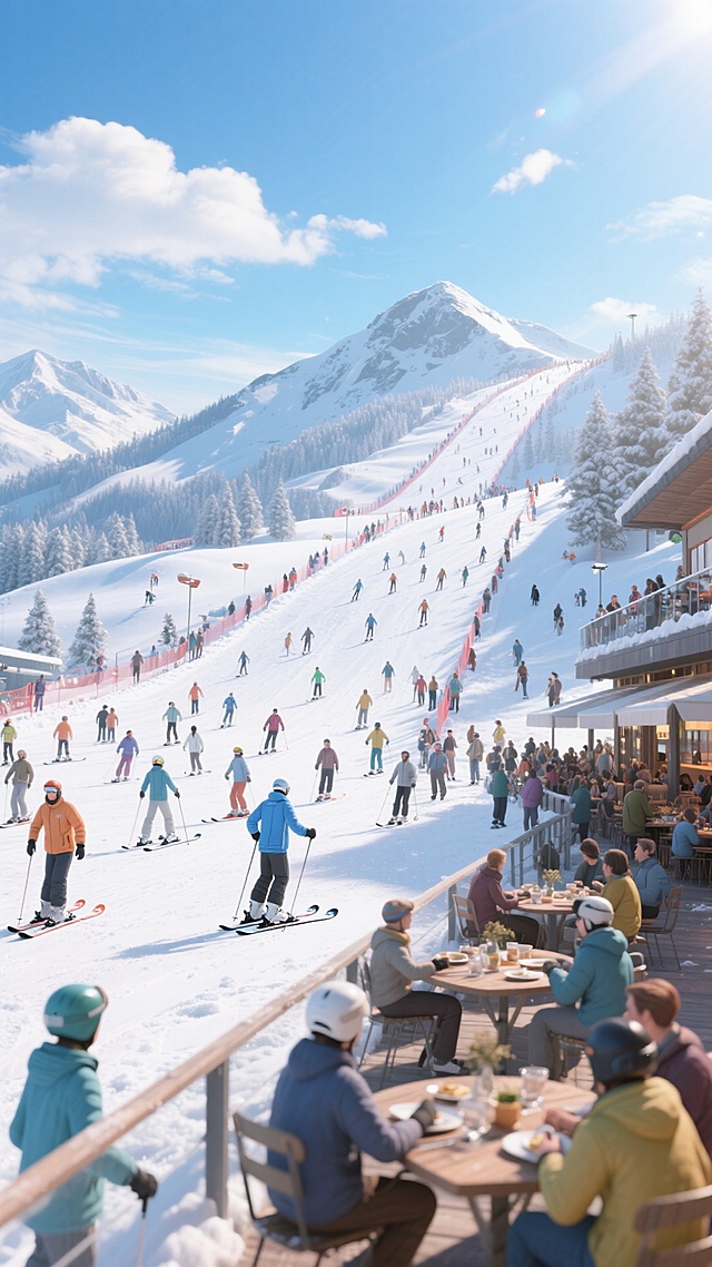 3D风滑雪场实景，重拟物设计融合虚拟现实感，光影与清新色调交织，营造出温暖舒适、潮流时尚的冬季度假氛围。