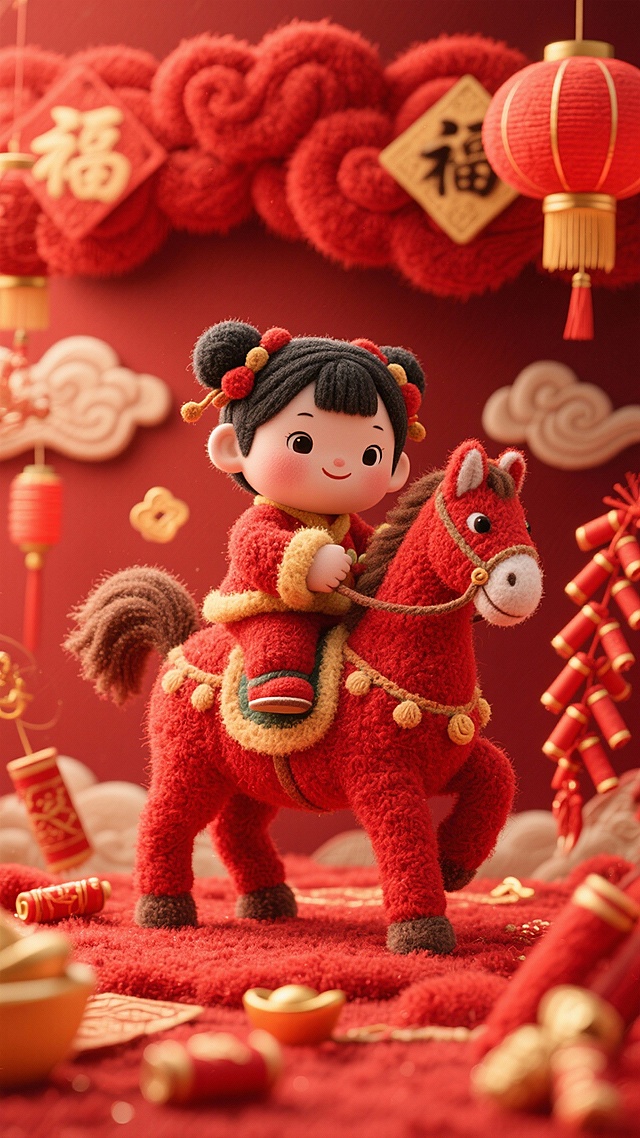 软3D毛绒风格，卡通童趣女孩骑红马，喜庆春节元素环绕，粘土质感与毛发生长细节融合，营造温暖可爱的节日氛围。