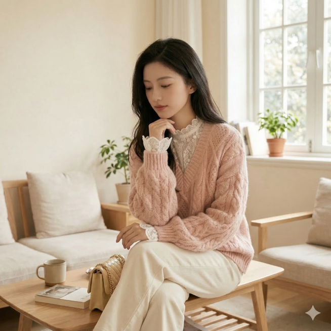 保持同一个浅米色墙面+原木家具的室内背景，生成同款模特穿着粉色软糯绞花毛衣搭配蕾丝内搭服饰的全新不同姿势图片，和已生成姿势均不重复，保留原有柔和自然光和暖调光影，保持极简日系+韩系温柔风格，维持慵懒舒预览效果