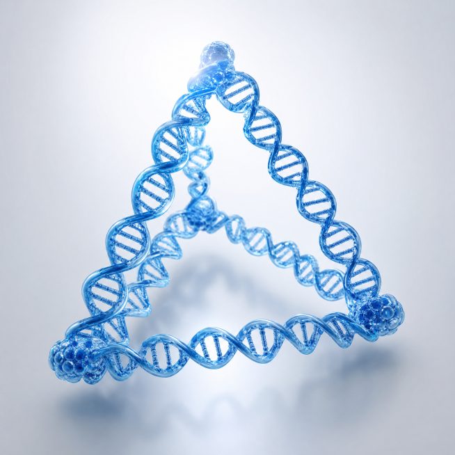 科学可视化3D示意图，展示核酸四面体DNA纳米结构，四个顶点的DNA折叠成立体框架，蓝色半透明分子结构，背景简洁，生物医药科技风格，高清预览效果